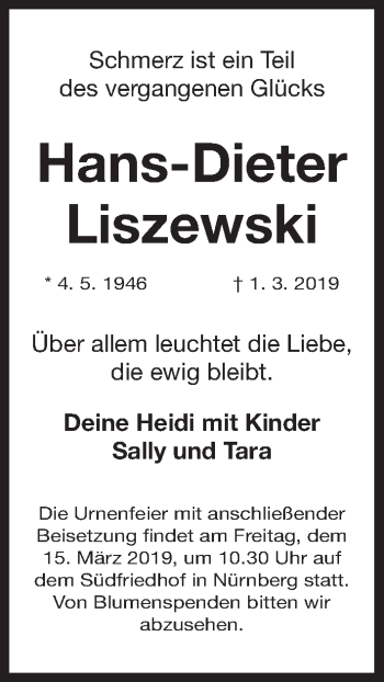 Traueranzeige von Hans-Dieter Liszewski von Gesamtausgabe Nürnberger Nachrichten/ Nürnberger Ztg.