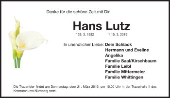 Traueranzeige von Hans Lutz von Gesamtausgabe Nürnberger Nachrichten/ Nürnberger Ztg.