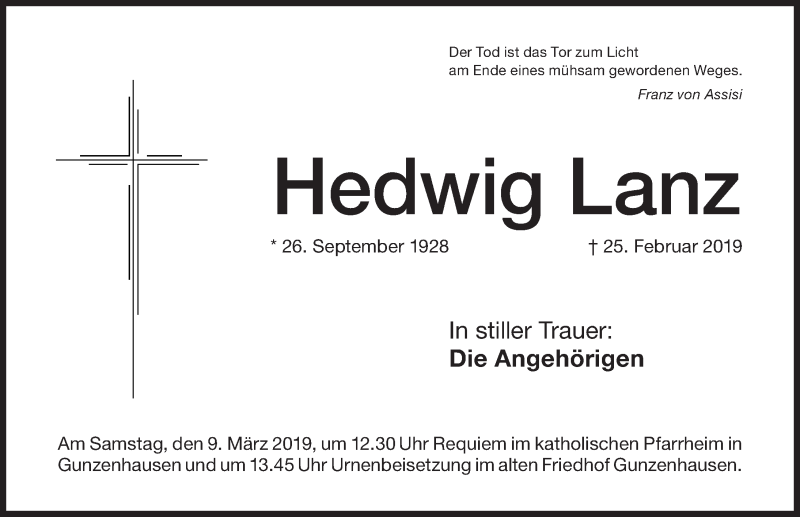  Traueranzeige für Hedwig Lanz vom 06.03.2019 aus Altmühl-Bote Lokal
