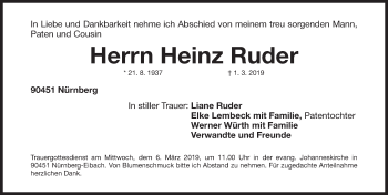 Traueranzeige von Heinz Ruder von Gesamtausgabe Nürnberger Nachrichten/ Nürnberger Ztg.