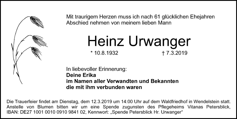  Traueranzeige für Heinz Urwanger vom 09.03.2019 aus Gesamtausgabe Nürnberger Nachrichten/ Nürnberger Ztg.