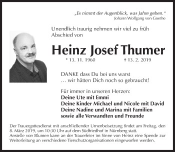 Traueranzeige von Heinz Josef Thumer von Gesamtausgabe Nürnberger Nachrichten/ Nürnberger Ztg.