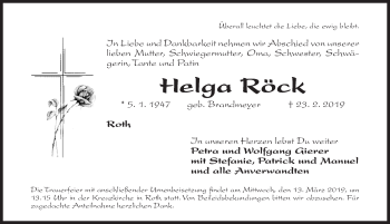 Traueranzeige von Helga Röck von Roth-Hilpoltsteiner Volkszeitung Lokal