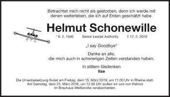 Traueranzeige von Helmut Schonewille von Gesamtausgabe Nürnberger Nachrichten/ Nürnberger Ztg.