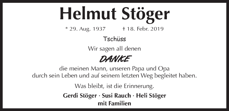  Traueranzeige für Helmut Stöger vom 09.03.2019 aus Gesamtausgabe Nürnberger Nachrichten/ Nürnberger Ztg.