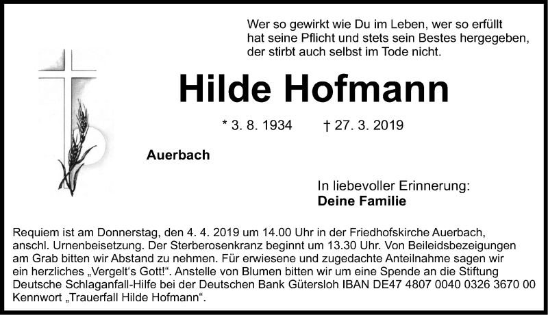  Traueranzeige für Hilde Hofmann vom 30.03.2019 aus Nordbayerische Nachrichten Pegnitz Lokal