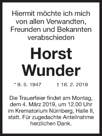 Traueranzeige von Horst Wunder von Gesamtausgabe Nürnberger Nachrichten/ Nürnberger Ztg.