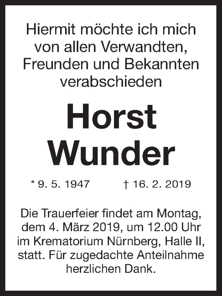  Traueranzeige für Horst Wunder vom 02.03.2019 aus Gesamtausgabe Nürnberger Nachrichten/ Nürnberger Ztg.