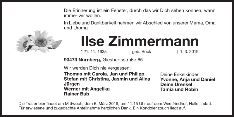  Traueranzeige für Ilse Zimmermann vom 04.03.2019 aus Gesamtausgabe Nürnberger Nachrichten/ Nürnberger Ztg.