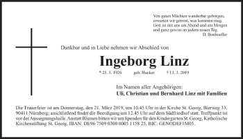 Traueranzeige von Ingeborg Linz von Gesamtausgabe Nürnberger Nachrichten/ Nürnberger Ztg.