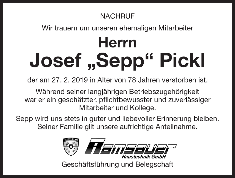  Traueranzeige für Josef Pickl vom 09.03.2019 aus Roth-Hilpoltsteiner Volkszeitung Lokal