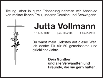 Traueranzeige von Jutta Vollmann von Fürther Nachrichten Lokal