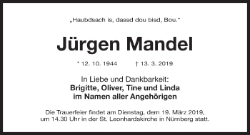 Traueranzeige von Jürgen Mandel von Gesamtausgabe Nürnberger Nachrichten/ Nürnberger Ztg.