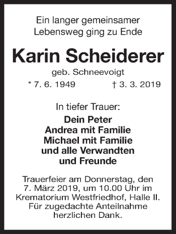 Traueranzeige von Karin Scheiderer von Gesamtausgabe Nürnberger Nachrichten/ Nürnberger Ztg.