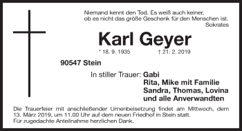 Traueranzeige von Karl Geyer von Gesamtausgabe Nürnberger Nachrichten/ Nürnberger Ztg.