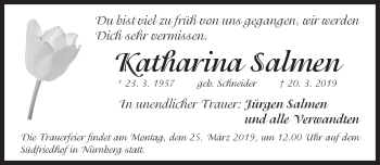 Traueranzeige von Katharina Salmen von Gesamtausgabe Nürnberger Nachrichten/ Nürnberger Ztg.
