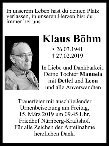 Traueranzeige von Klaus Böhm von Gesamtausgabe Nürnberger Nachrichten/ Nürnberger Ztg.