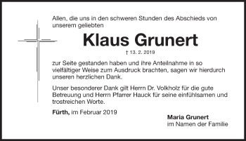 Traueranzeige von Klaus Grunert von Fürther Nachrichten Lokal