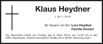 Traueranzeige von Klaus Heydner von Gesamtausgabe Nürnberger Nachrichten/ Nürnberger Ztg.