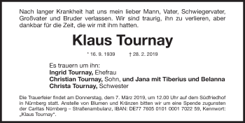Traueranzeige von Klaus Tournay von Gesamtausgabe Nürnberger Nachrichten/ Nürnberger Ztg.