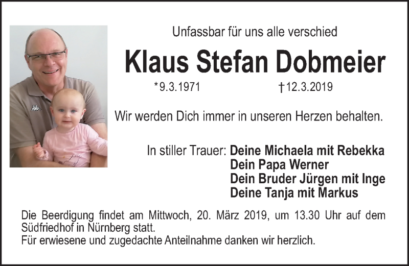  Traueranzeige für Klaus Stefan Dobmeier vom 16.03.2019 aus Gesamtausgabe Nürnberger Nachrichten/ Nürnberger Ztg.