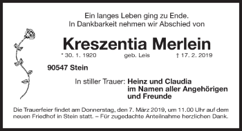 Traueranzeige von Kreszentia Merlein von Gesamtausgabe Nürnberger Nachrichten/ Nürnberger Ztg.