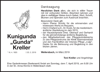 Traueranzeige von Kunigunda Kreller von Nordbayerische Nachrichten Forchheim Lokal