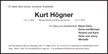 Traueranzeige von Kurt Högner von Gesamtausgabe Nürnberger Nachrichten/ Nürnberger Ztg.