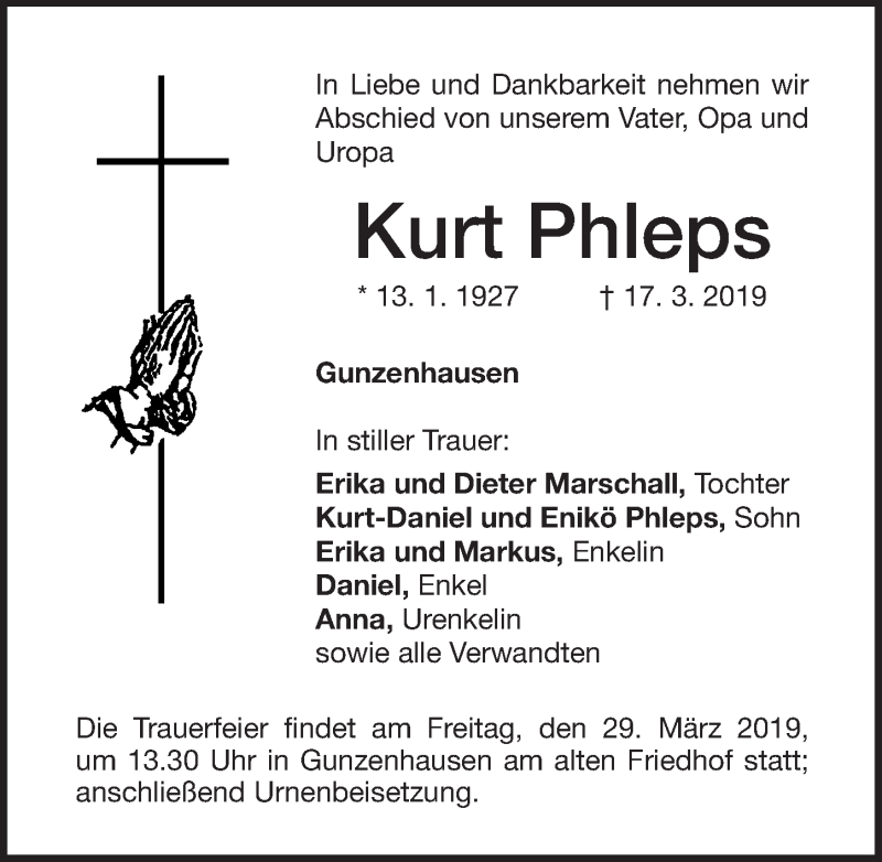  Traueranzeige für Kurt Phleps vom 26.03.2019 aus Altmühl-Bote Lokal