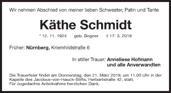 Traueranzeige von Käthe Schmidt von Gesamtausgabe Nürnberger Nachrichten/ Nürnberger Ztg.