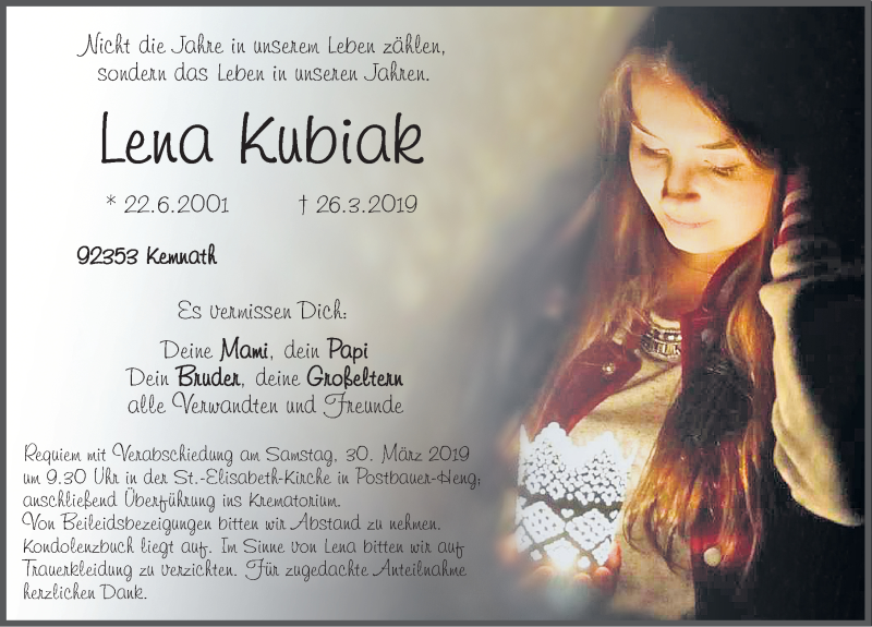  Traueranzeige für Lena Kubiak vom 29.03.2019 aus Neumarkter Nachrichten Lokal