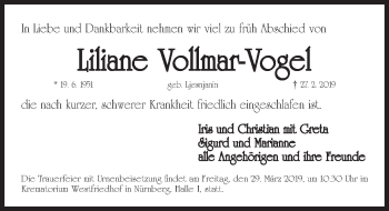 Traueranzeige von Liliane Vollmar-Vogel von Gesamtausgabe Nürnberger Nachrichten/ Nürnberger Ztg.
