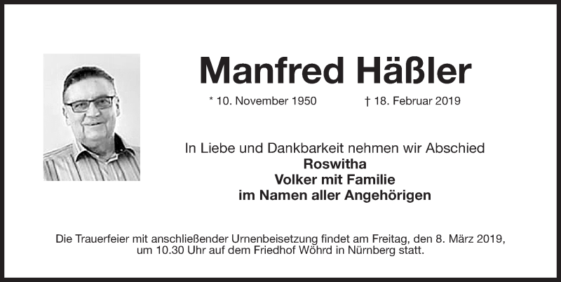  Traueranzeige für Manfred Häßler vom 06.03.2019 aus Gesamtausgabe Nürnberger Nachrichten/ Nürnberger Ztg.