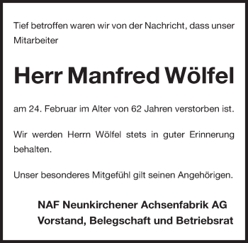 Traueranzeige von Manfred Wölfel von Nordbayerische Nachrichten Forchheim Lokal
