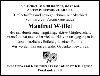 Traueranzeige von Manfred Wölfel von Nordbayerische Nachrichten Forchheim Lokal