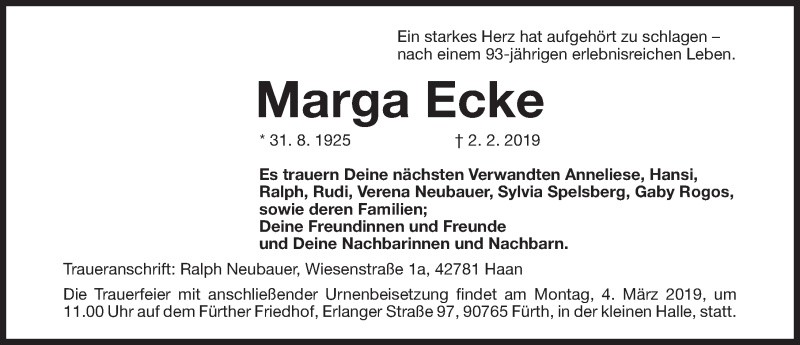 Traueranzeige für Marga Ecke vom 02.03.2019 aus Fürther Nachrichten Lokal