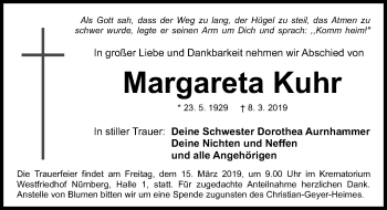 Traueranzeige von Margareta Kuhr von Gesamtausgabe Nürnberger Nachrichten/ Nürnberger Ztg.