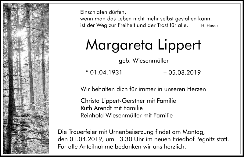  Traueranzeige für Margareta Lippert vom 28.03.2019 aus Nordbayerische Nachrichten Pegnitz Lokal
