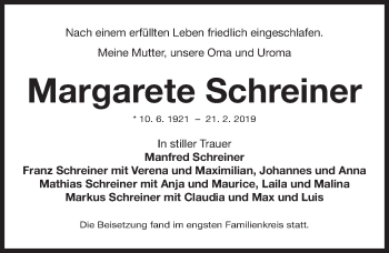 Traueranzeige von Margarete Schreiner von Gesamtausgabe Nürnberger Nachrichten/ Nürnberger Ztg.