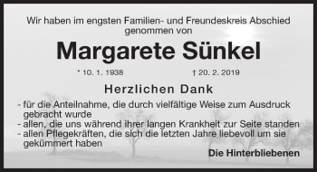 Traueranzeige von Margarete Sünkel von Fürther Nachrichten Lokal