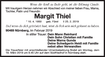 Traueranzeige von Margit Thiel von Gesamtausgabe Nürnberger Nachrichten/ Nürnberger Ztg.