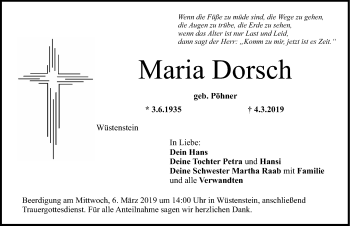 Traueranzeige von Maria Dorsch von Nordbayerische Nachrichten Forchheim Lokal
