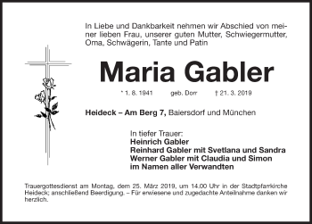 Traueranzeige von Maria Gabler von Roth-Hilpoltsteiner Volkszeitung Lokal