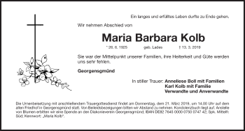 Traueranzeige von Maria Barbara Kolb von Roth-Hilpoltsteiner Volkszeitung Lokal