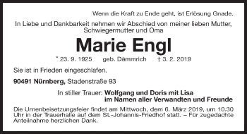 Traueranzeige von Marie Engl von Gesamtausgabe Nürnberger Nachrichten/ Nürnberger Ztg.