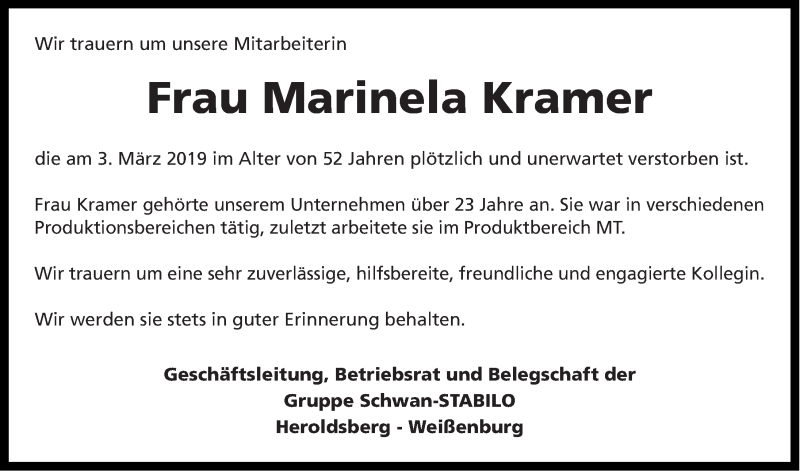  Traueranzeige für Marinela Kramer vom 11.03.2019 aus Gesamtausgabe Nürnberger Nachrichten/ Nürnberger Ztg.