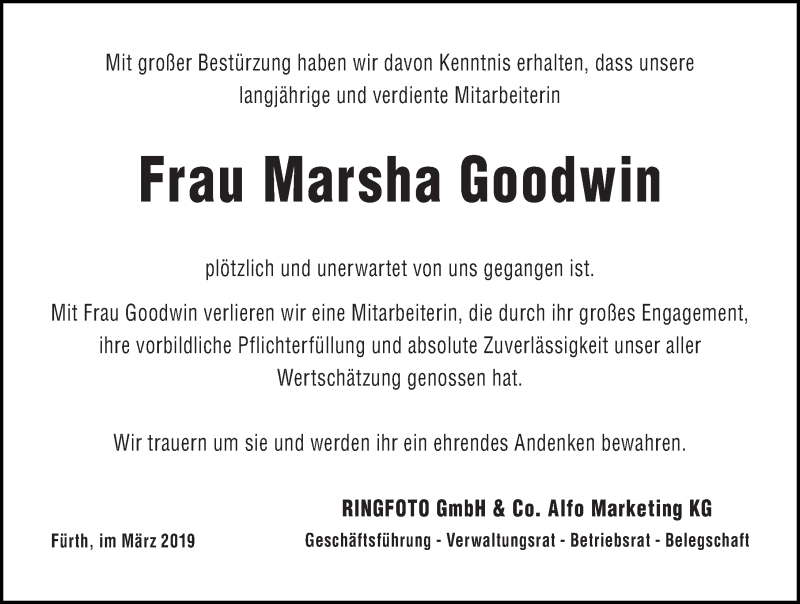  Traueranzeige für Marsha Goodwin vom 20.03.2019 aus Gesamtausgabe Nürnberger Nachrichten/ Nürnberger Ztg.