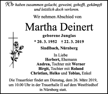 Traueranzeige von Martha Deinert von Gesamtausgabe Nürnberger Nachrichten/ Nürnberger Ztg.