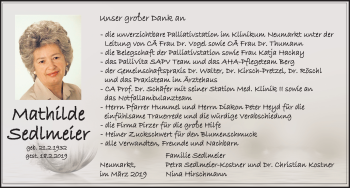 Traueranzeige von Mathilde Sedlmeier von Neumarkter Nachrichten Lokal