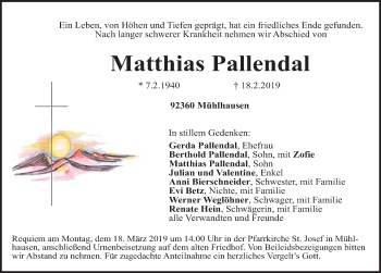 Traueranzeige von Matthias Pallendal von Neumarkter Nachrichten Lokal